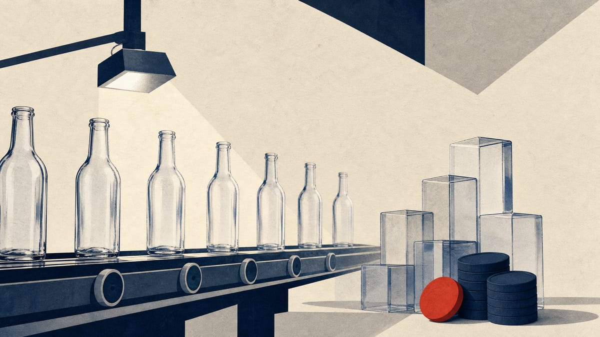 Editorial illustration of glass bottles on a conveyor with abstract governance and pricing cues.
