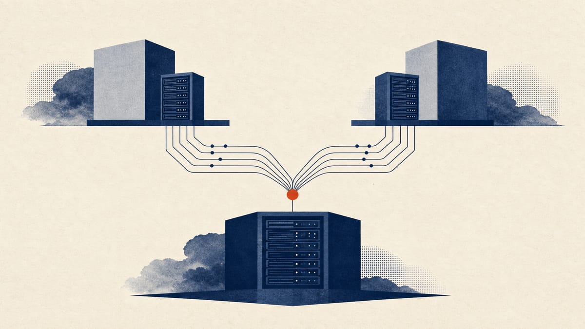 Abstract editorial image of two corporate units merging into one software-services operation.