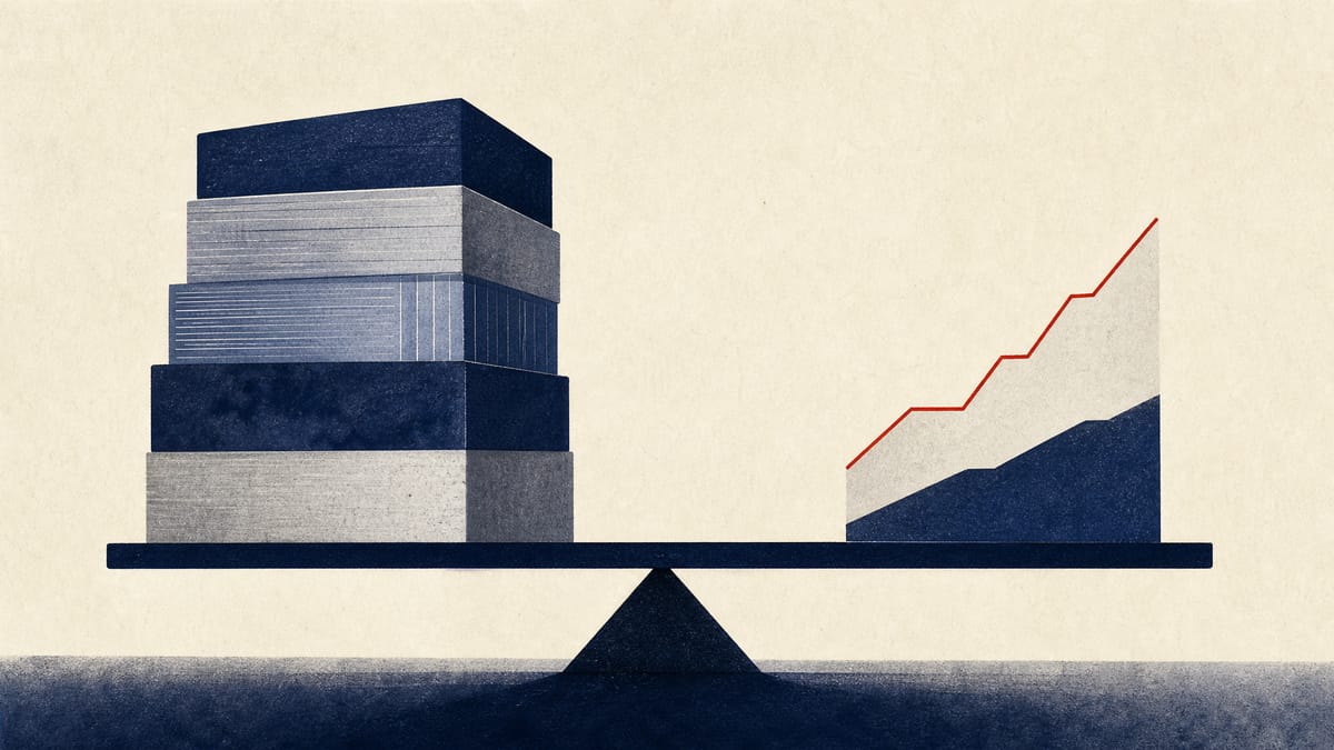 Abstract editorial image of stacked financial balance-sheet blocks and a rising earnings line representing an insurer's larger asset base and higher profit.