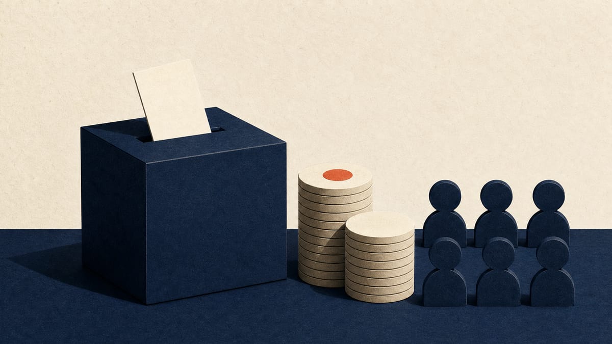 Illustration of a ballot box, dividend payout tokens and six governance seat markers.