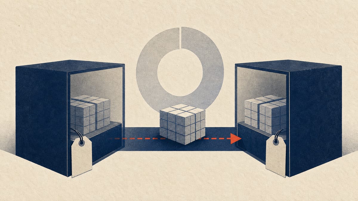 Editorial illustration of pledged share blocks shifting between two unbranded brokerage compartments while the total holding stays constant.