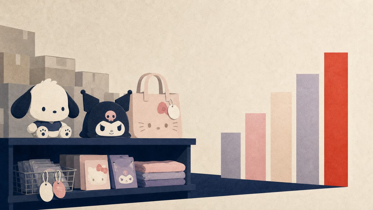 Editorial illustration of unbranded character merchandise on retail shelves with an abstract upward financial chart.