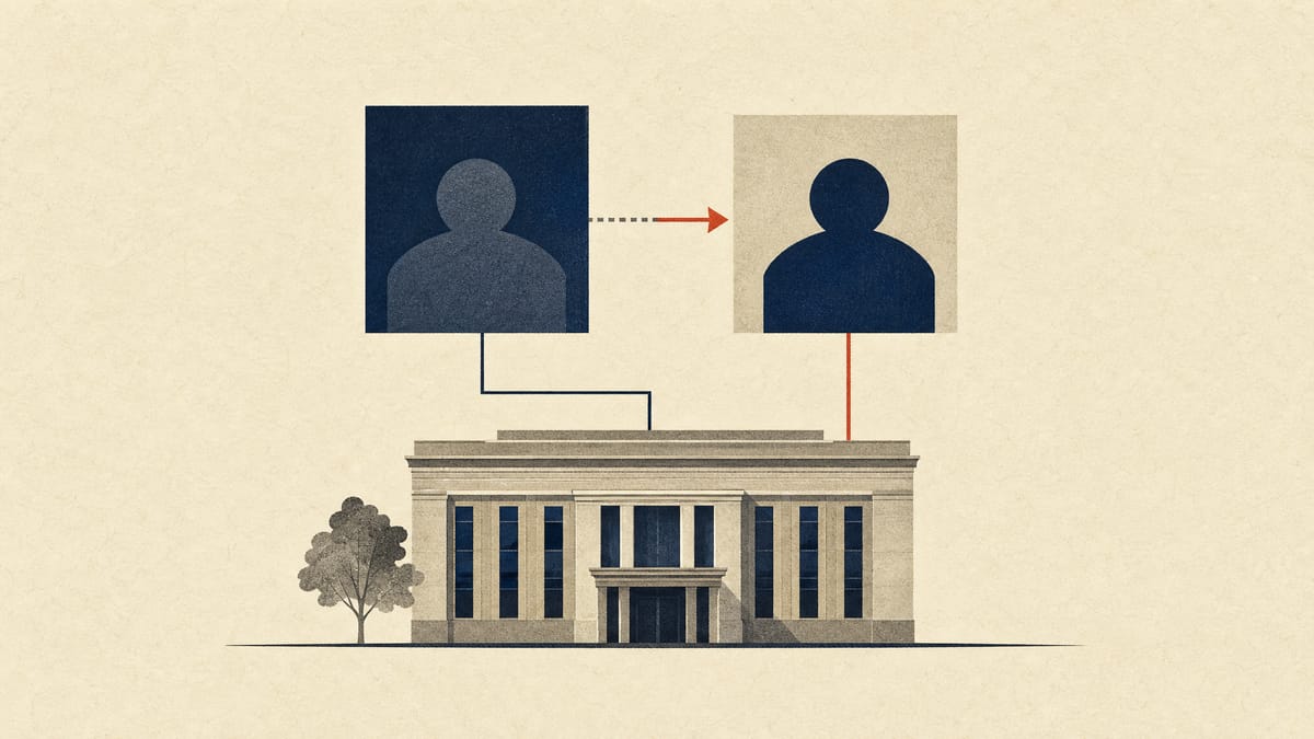 Editorial illustration of a regional bank with abstract ownership blocks shifting from one institutional holder to another.