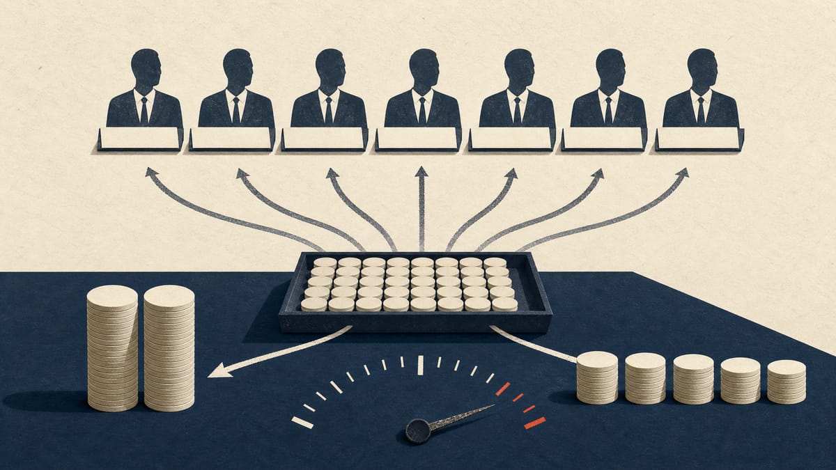 Illustration of treasury-share awards moving from a company reserve to seven former officers, with two larger stacks and a subdued performance gauge.
