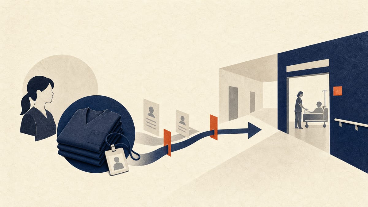 Editorial illustration of hospital support staffing workflow with shift rosters, ID badges and an abstract recruitment pipeline.