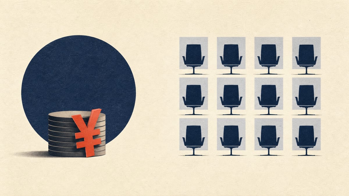 Editorial illustration of dividend payout symbols next to twelve blank board-seat markers.