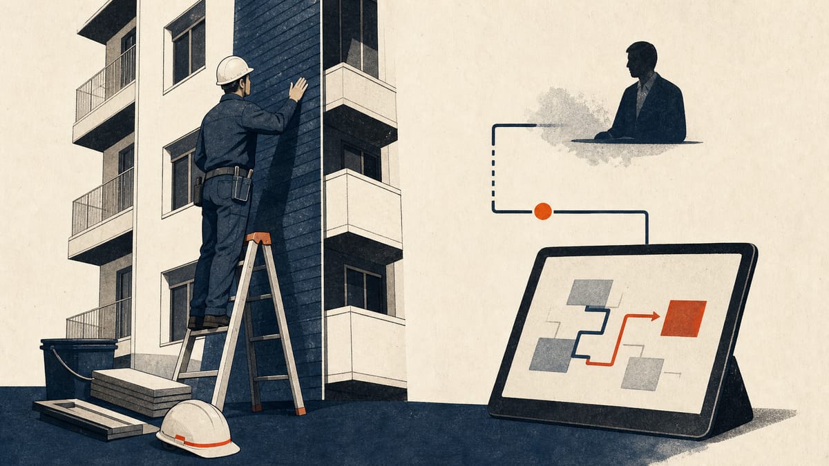 Illustration of contractors inspecting a residential repair job with a digital workflow overlay tied to an insurer-backed platform.