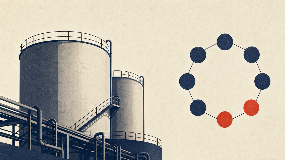 Industrial chemical tanks and pipework with a subtle abstract diagram suggesting board seats and oversight