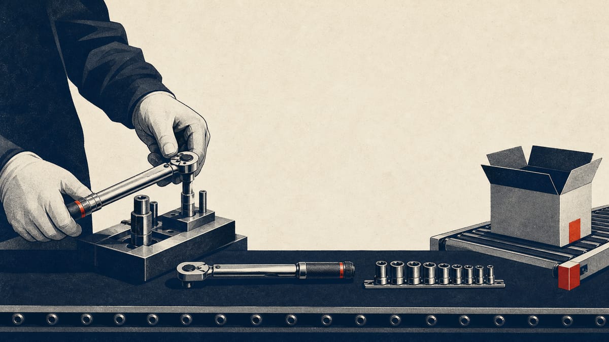 Editorial image of precision hand tools on a factory packing line with workers adjusting fixtures.