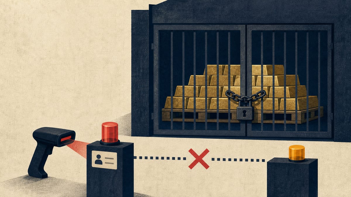 Editorial illustration of palletised gold bars behind a security gate with abstract payment and compliance checkpoints.