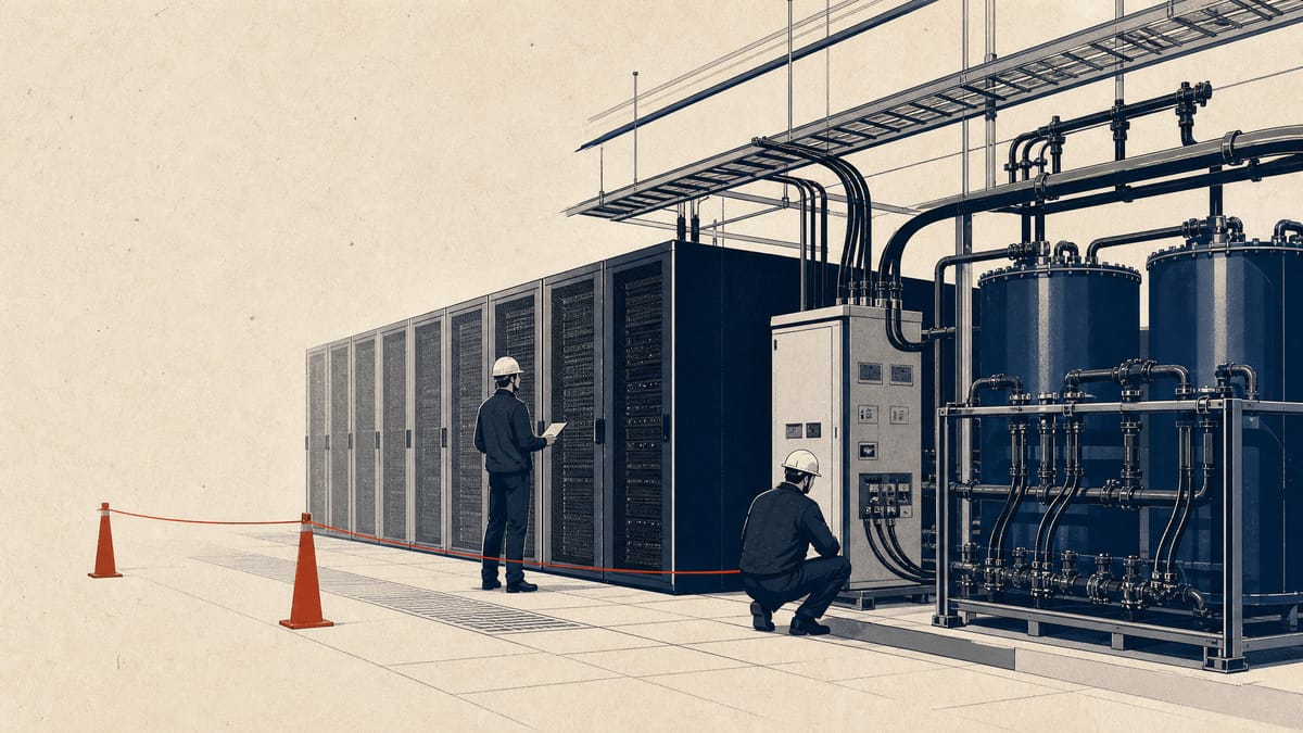 Illustration of GPU racks and liquid-cooling equipment being installed inside a commercial data centre.