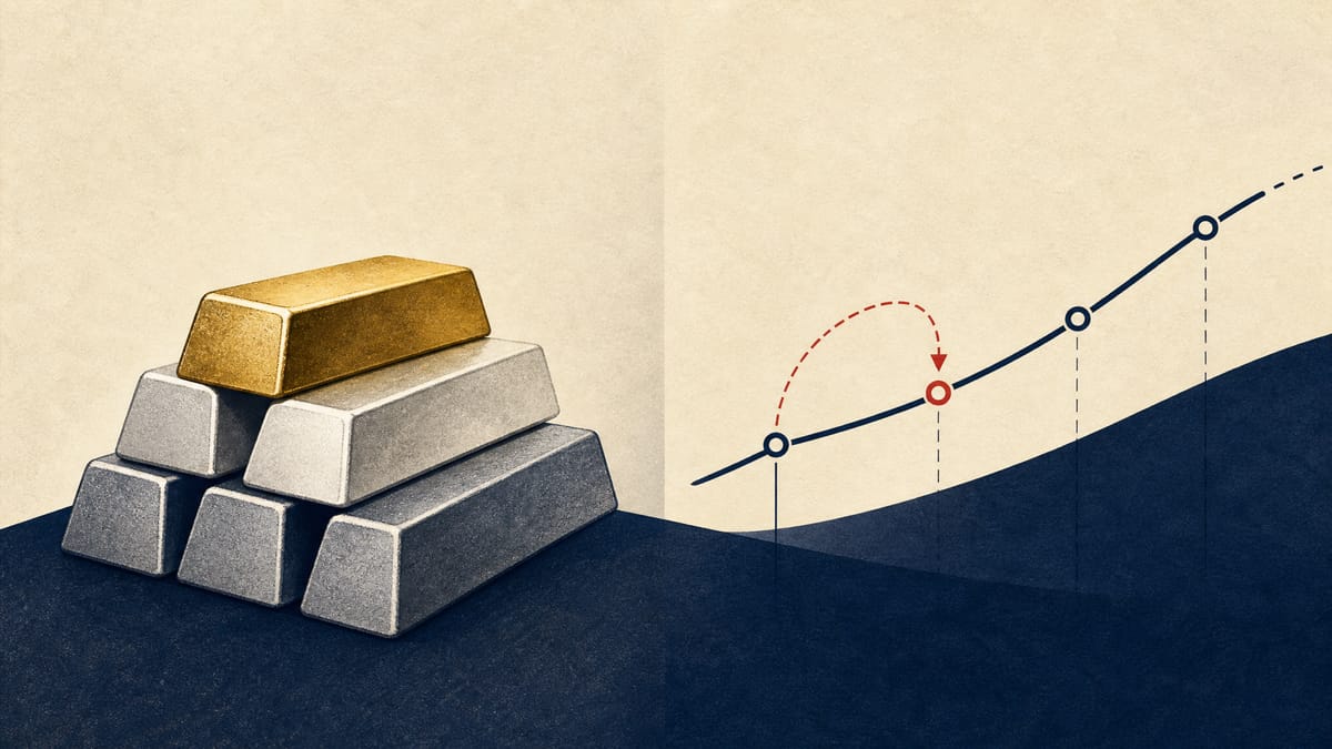 Editorial illustration of metal bars beside a stylized rolling commodities futures curve.