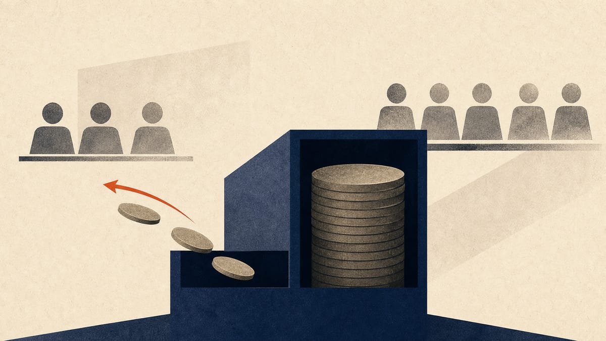 Abstract editorial illustration showing a shareholder payout beside a larger reserve allocation and seven board-seat nodes.