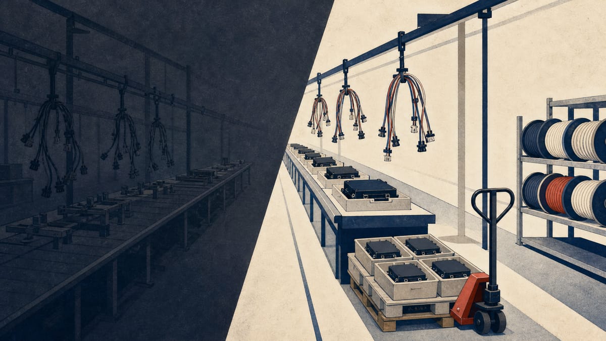 Automotive wiring harness spools and control units on an industrial assembly line being wound down.