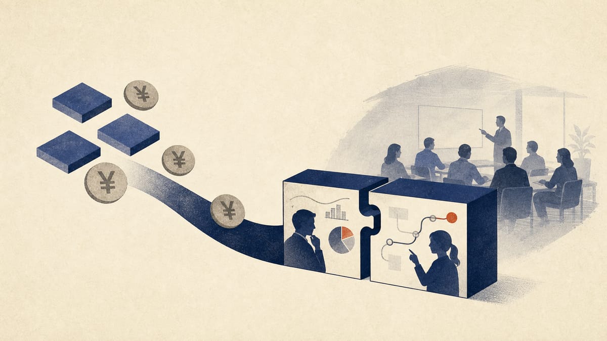 Abstract illustration of share blocks and risk-management charts merging into a shared business training workflow.