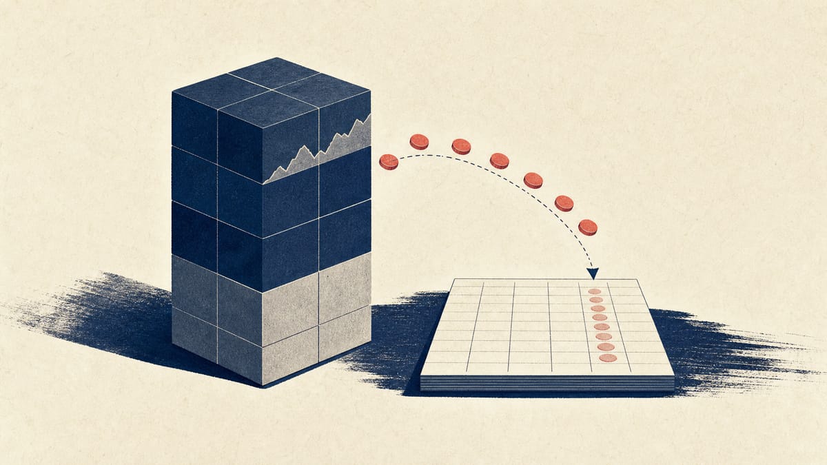 Editorial illustration of ETF units and cash payouts flowing through a simplified ledger.