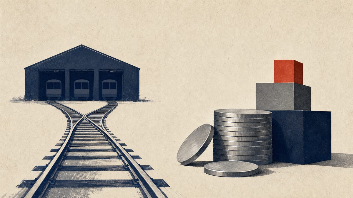 Abstract editorial image of rail tracks and stacked metallic tokens symbolising a share buyback programme.