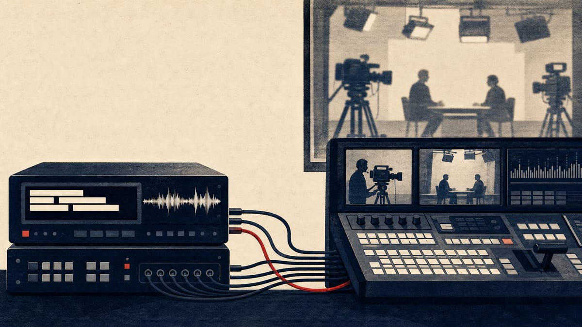 Editorial illustration of a live broadcast control room with captioning equipment connected to production systems.