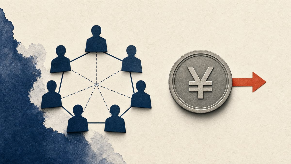 Abstract illustration of governance nodes and a yen coin representing board approval and dividend payout.