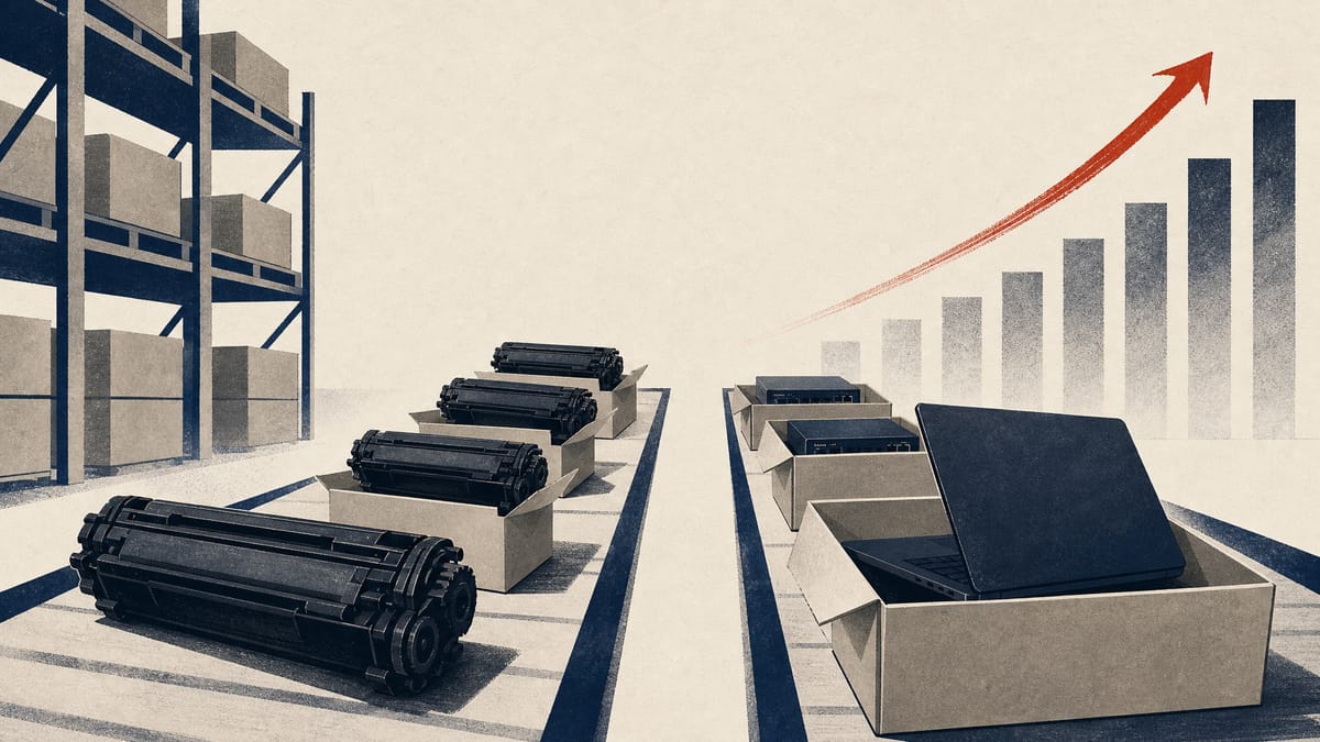 Illustration of refurbished toner cartridges, laptops and security devices moving through a warehouse picking line.