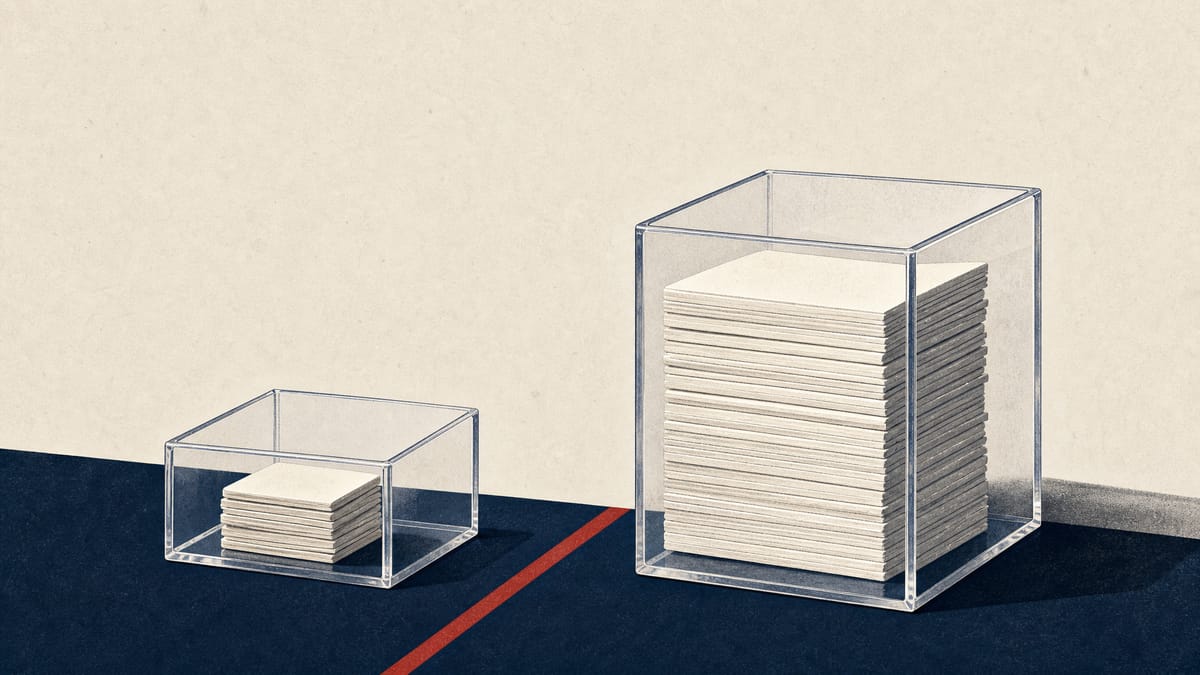 Editorial illustration of blank share tiles separated into issued and remaining piles to represent warrant exercises.