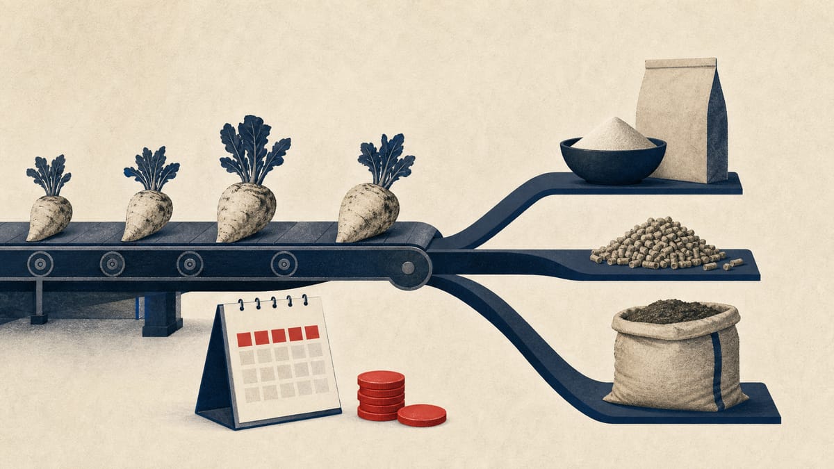 Editorial illustration of sugar beet processing branching into food, feed and agricultural materials.