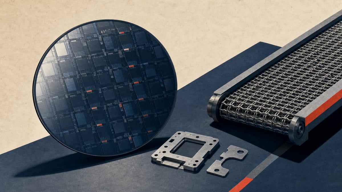 Editorial illustration of photomask and electronic component materials beside an industrial conveyor mesh in a factory setting.
