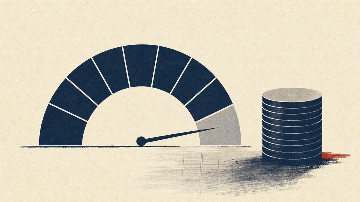 An abstract illustration of a share buyback programme with one inactive month segment and a cumulative progress gauge.