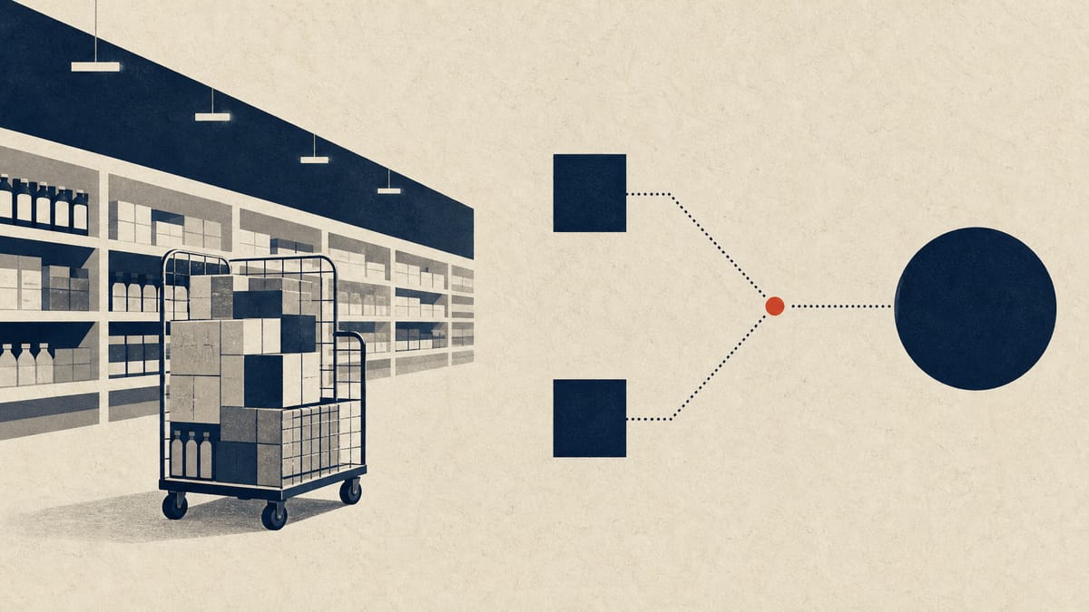 Abstract editorial image of retail aisles and stockroom carts with ownership blocks converging into a single parent company.