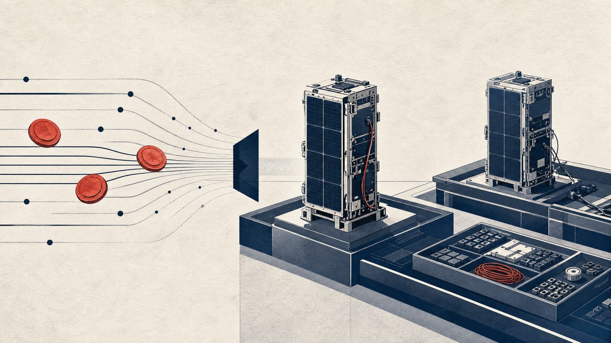 Editorial illustration of compact radar satellites being assembled with an abstract funding-flow overlay.