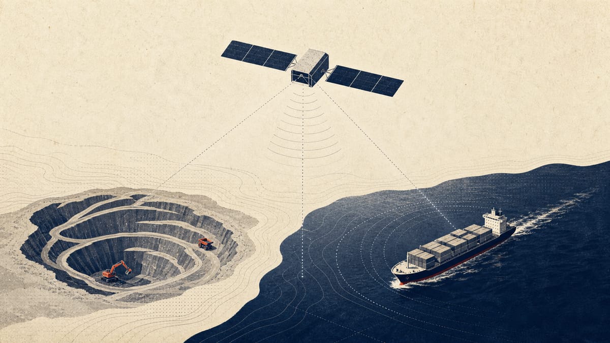 Illustration of a radar satellite monitoring an open-pit mine and a vessel at sea.
