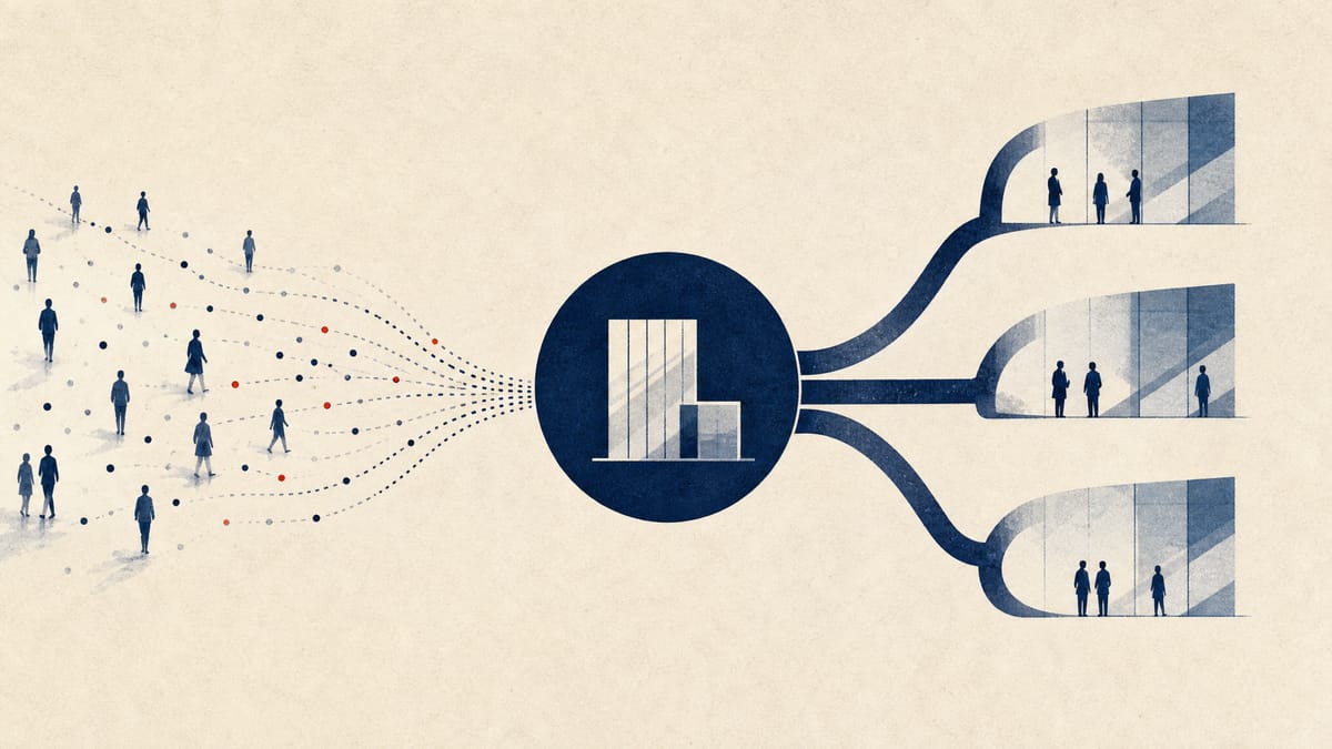 Editorial illustration of foot-traffic data flowing into a central finance hub with connected management channels.