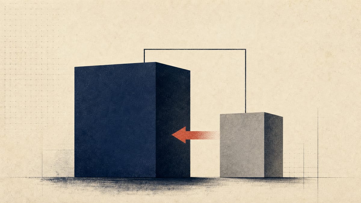 Abstract illustration of a parent company and subsidiary linked by shareholding lines, suggesting a possible take-private.