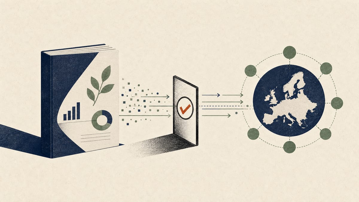 Editorial illustration of sustainability reporting data passing through assurance and compliance checkpoints across jurisdictions.