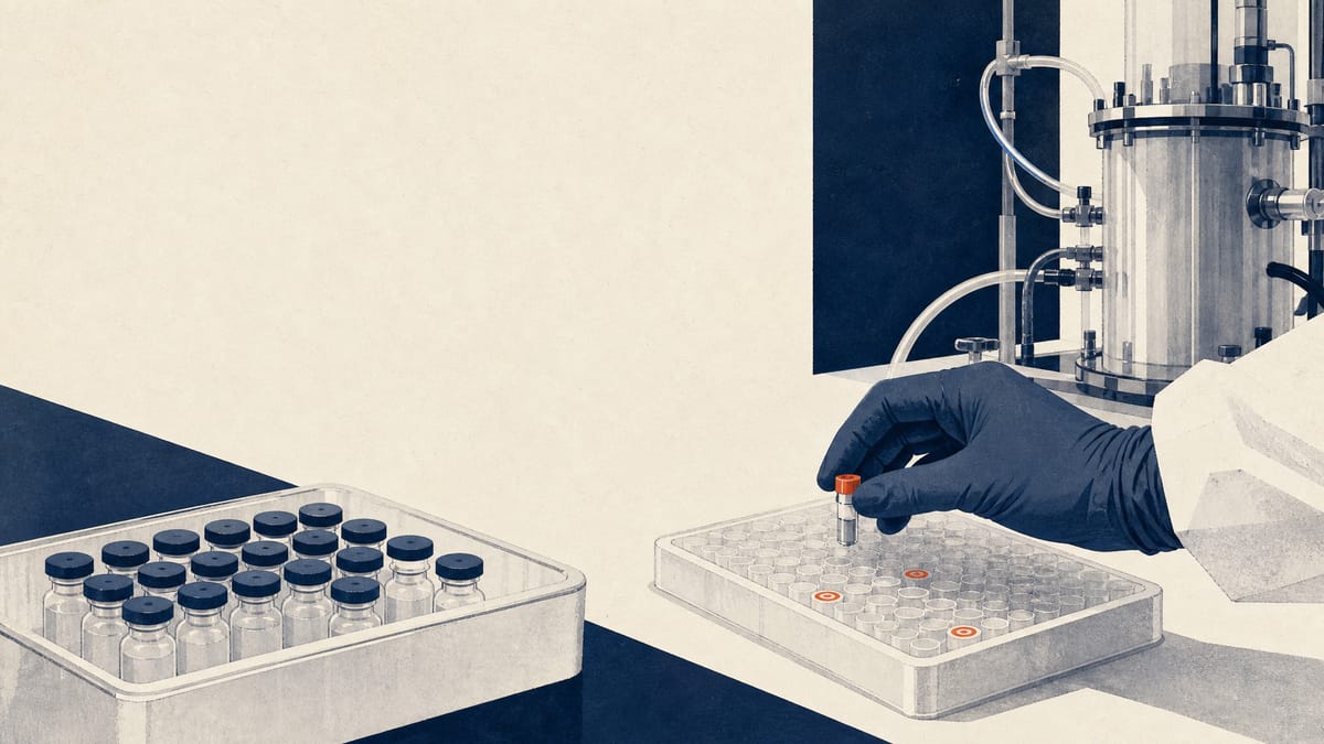 Editorial illustration of vaccine vials and laboratory quality-control equipment in a pharmaceutical clean-room setting.