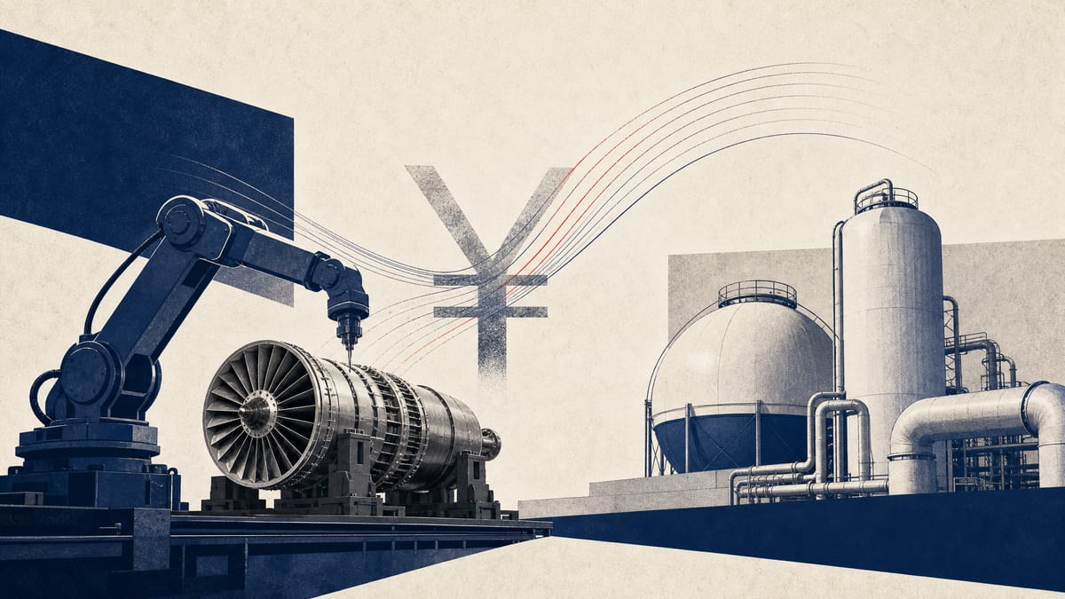 Illustration of robotic manufacturing equipment and hydrogen storage infrastructure with abstract yen capital-flow graphics.