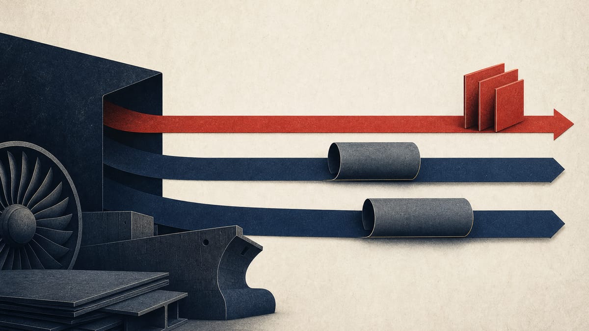 Abstract editorial image showing one equity stream and two bond maturity tracks over industrial steel textures.