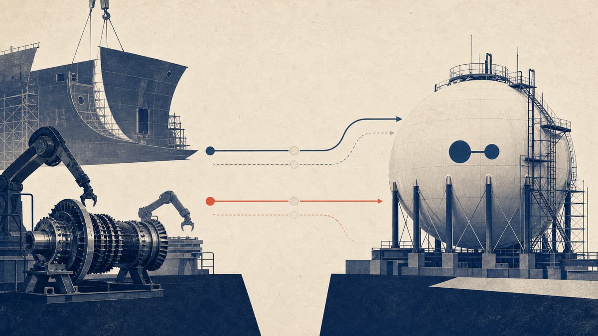 Editorial illustration of hydrogen infrastructure components, shipbuilding sections and factory robotics.