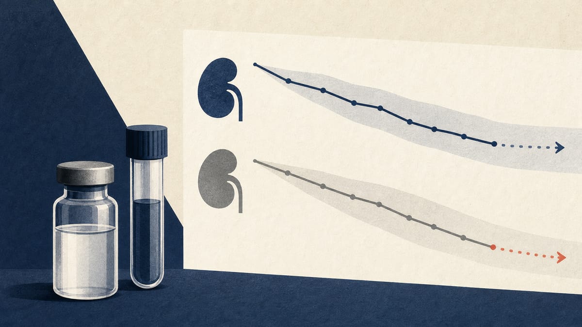 Editorial illustration of a pharmaceutical trial setting with sample tubes, vials, and abstract kidney-function trend lines.