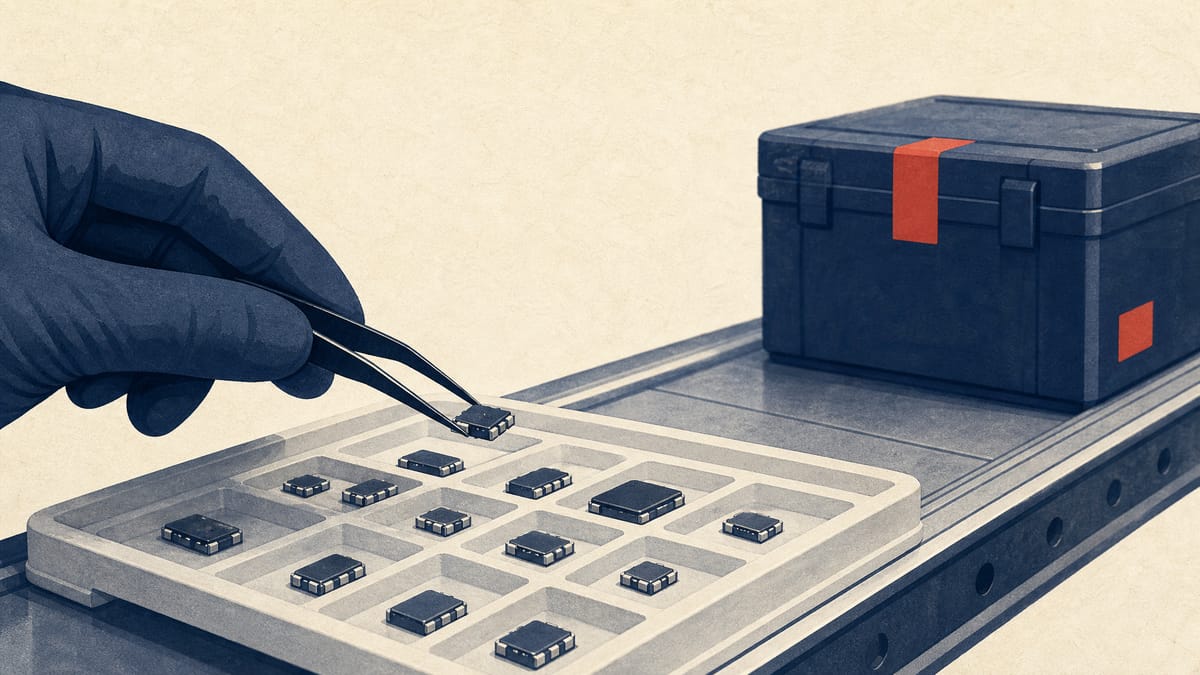 Editorial illustration of semiconductor timing chips being transferred between trays on an industrial line.