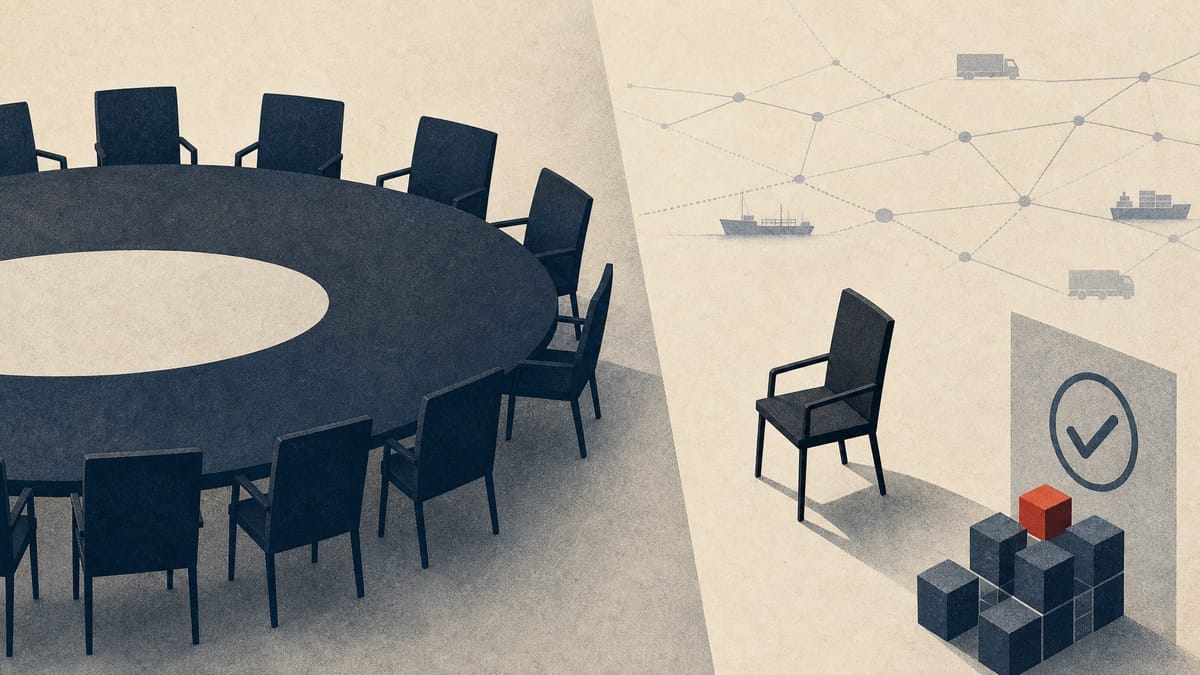 Editorial illustration of an empty board seat with abstract governance indicators.