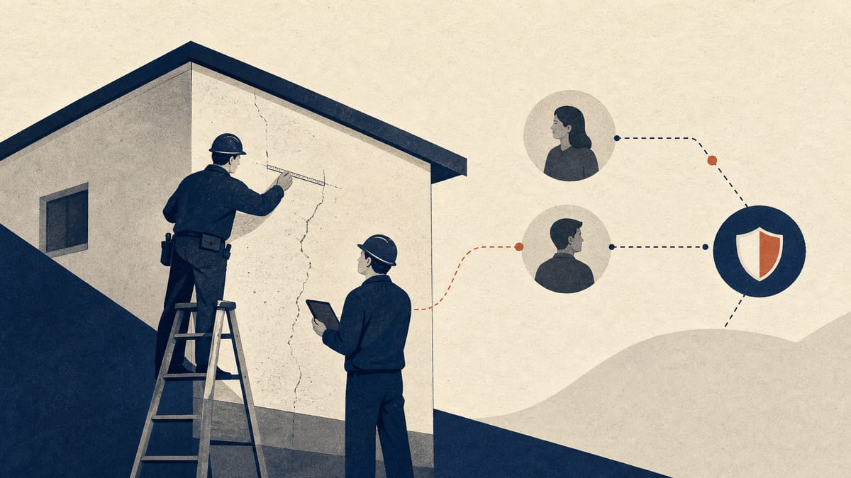Editorial illustration of repair contractors inspecting a home's exterior with abstract data links representing an insurer and digital referral network.