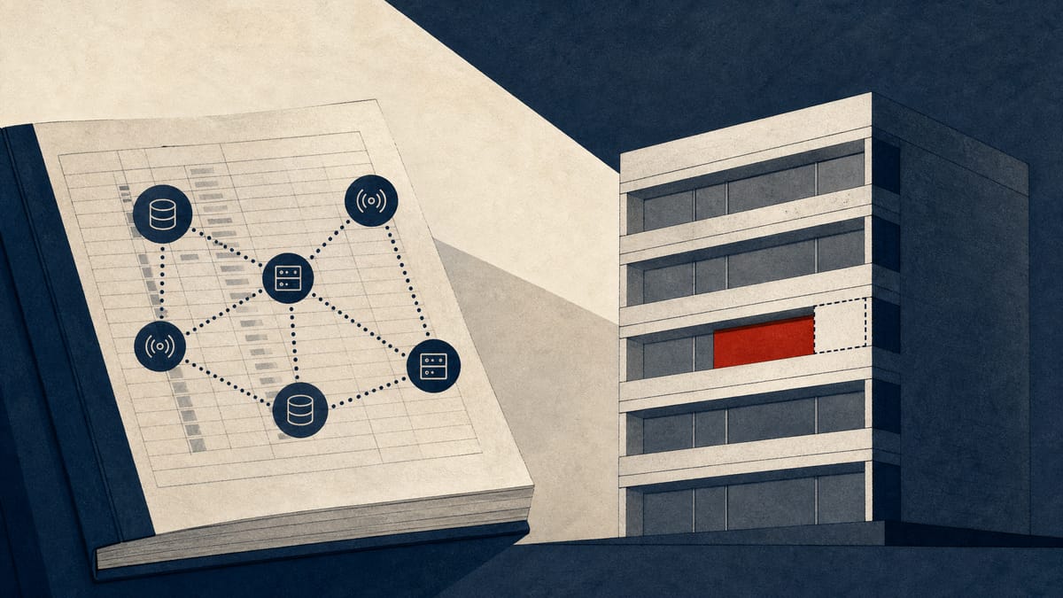 Editorial illustration showing a receivables ledger and a building directory with a missing tenant, symbolising an unverified customer and accounting controls.