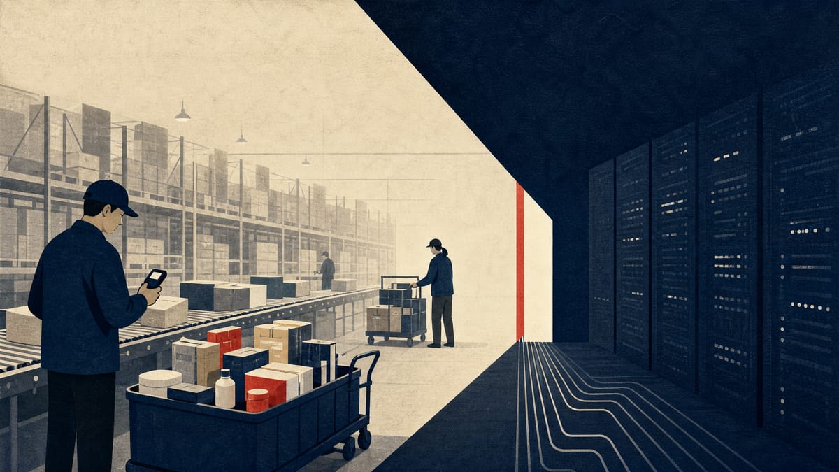 Editorial illustration of an e-commerce warehouse with conveyors, carts and office supplies being routed manually during system recovery.