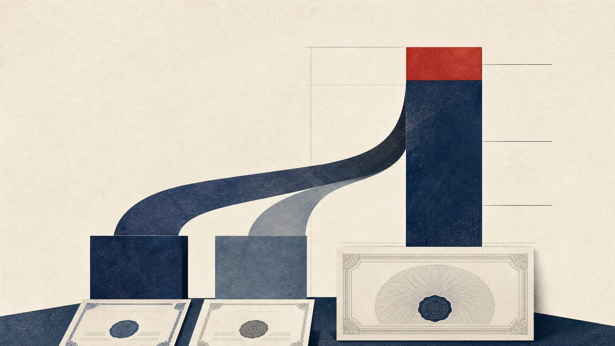 Abstract editorial illustration of two investors increasing a combined ownership stake in a listed company.