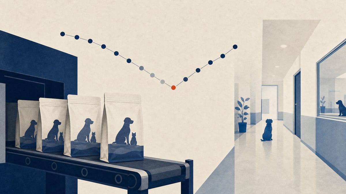 Illustration of packaged pet food moving toward a veterinary clinic hallway with an abstract subscriber chart.