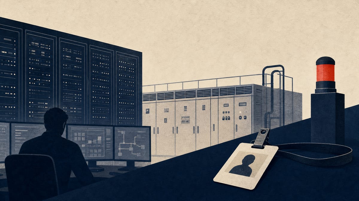 Editorial illustration of a secure operations center with server racks and compliance checkpoints.