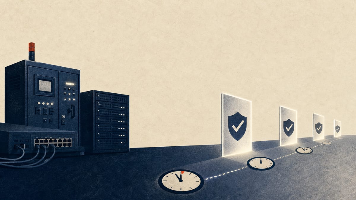 Abstract editorial image of critical computer systems linked to compliance checkpoints and reporting clocks.