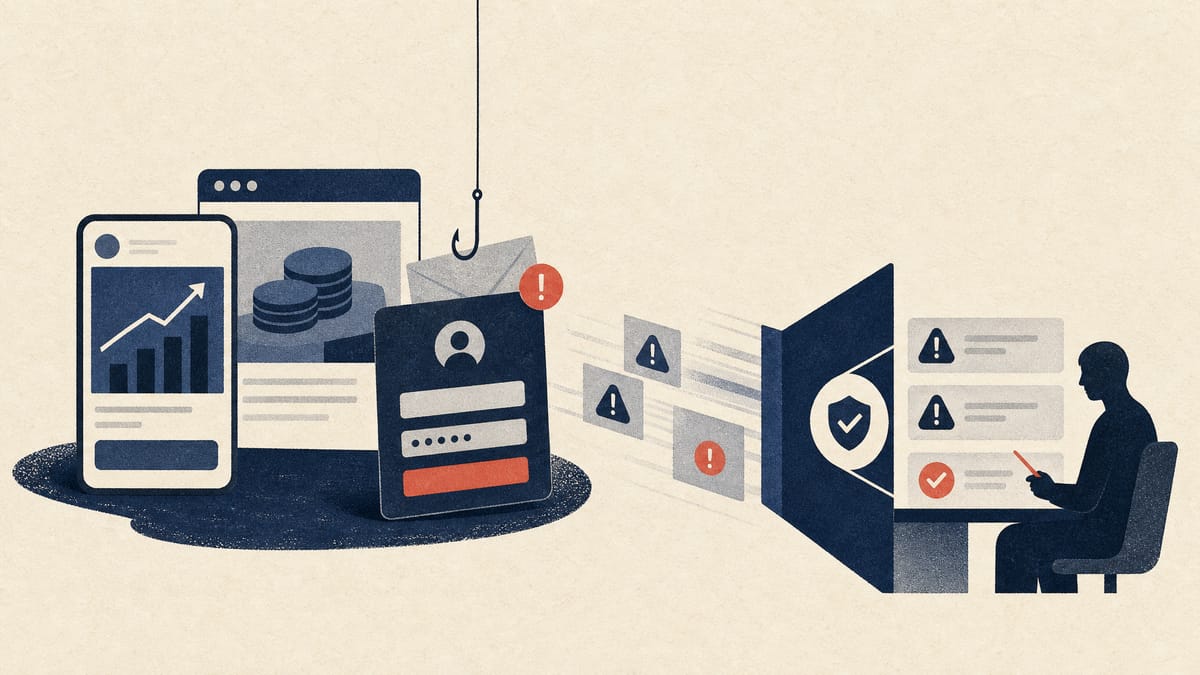 Illustration of scam ads and phishing prompts moving through an online compliance review queue.