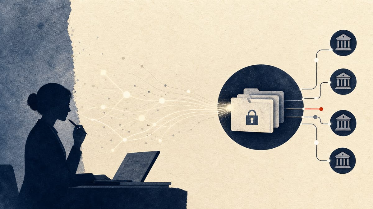 Editorial illustration of analysts monitoring anonymized transaction networks and a secure data-sharing hub for financial crime controls.